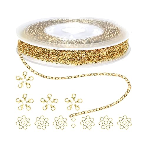 ZKGYUS 10M Cadenas para Hacer Joyas, Cadena de Cable de Acero Inoxidable, Collares de Cadena con 50 Anillas Abiertas y 20 Cierres de Langosta para Accesorios de Bisutería de DIY (Oro)