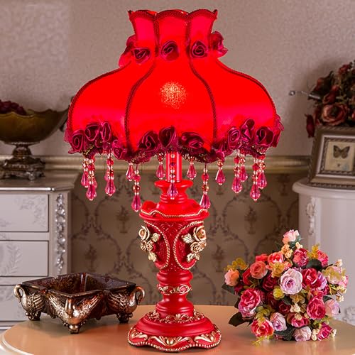 Victorian Style Table Lamp, Antique Fabric Decorative Desk Lamp with Fringe, Floral Bedside Light, European Nightstand Lamp for Bedroom and Living Room