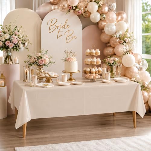 Image of Blue Orchards Beige Plastic Table Cover (Pack of 3 with 20 Glue dots) - 54 inch x 108 inch - Beige Waterproof & Disposable Tablecloth, Neutral Boho Chic Decor for Wedding, Wedding Decoration, Party Supplies