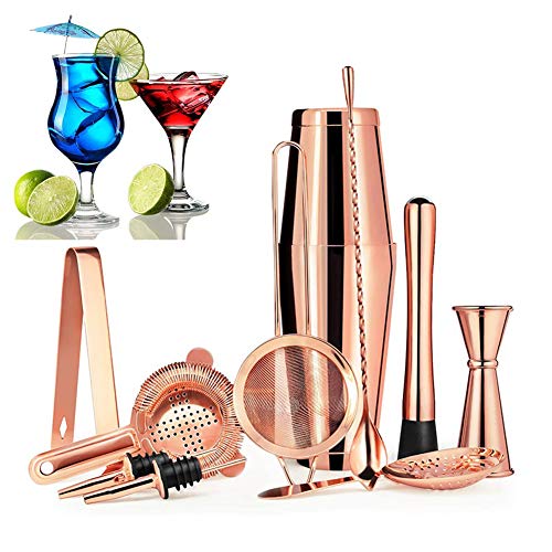 11 Pièces De Cuivre Boston Shaker Set Pour Les Barmans Ou Mixologists - Home Bar Set Accessoires, Acier Inoxydable Mixologie Barman Kit Avec Shakers, Crépines, Jigger, Pour Cocktails Muddler,Rose