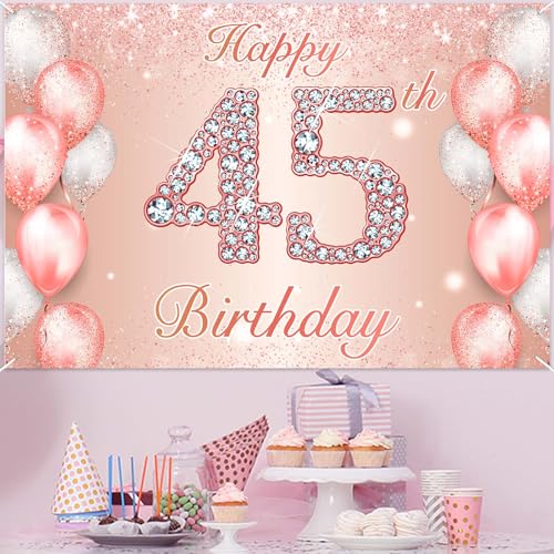 Image of Happy 45th Birthday Rose Gold Banner Cheers to 45 Years Old Backdrop Confetti Balloons Theme Decor for Women 45 Years Old Pink Birthday Party Decorations Bday Supplies Background Favors Gift Glitter