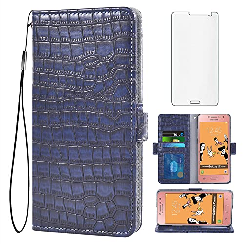 Asuwish Compatible with Samsung Galaxy Grand Prime J2 Prime Wallet Case with Tempered Glass Screen Protector and Leather Flip Cover Card Holder Cell Accessories Phone Cases for Glaxay 2 2J Plus Blue