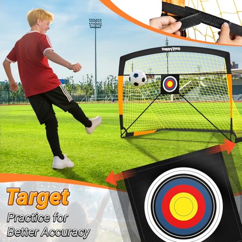 Happy Jump Pop-Up Fußballtore – 152x110 cm, 2 Tore, Schwarz Orange mit Ball, Pumpe, Hütchen & Zielscheibe | Komplettes Training-Set für Garten & Familie