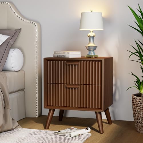 Hompus Modern End Table, Nightstand W 2 Storage Drawers, Night Stand W Walnut Wood Grain Finish thumb #3