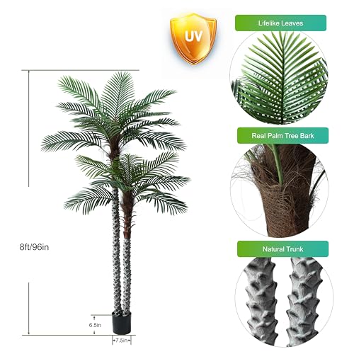 Image of Nafresh 8ft Tall UV Resistant Faux Palm Tree, 96in Artificial Palm Tree Indoor Outdoor, Fake Tree with Real Bark and Realistic Leaves and for Home House Office Living Room Yard Patio.