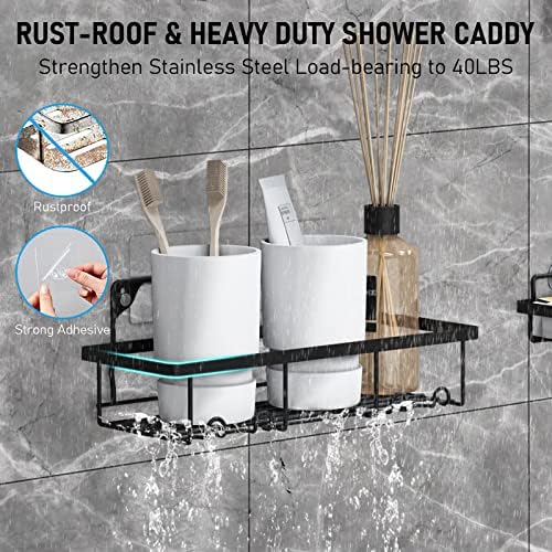 HSYFUNA Shower Caddy with Self Adhesive Hooks, 2 Pcs Black Shower Shelf + 1 Soap Holder,S304 Stainless Steel Shower Tidy No Drilling (Give a gift Shower Puff Mesh)