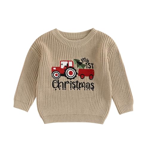 Christmas Knitted Jumper Baby Girl Boy My First Christmas Embroidered Oversized Knit Sweater Pullover Winter Knitwear Newborn Baby Christmas Outfit (Tractor Christmas Tree Khaki, 6-9 Months)