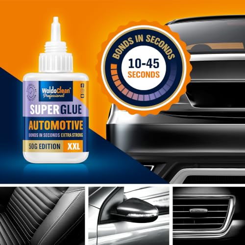 Image of WoldoClean Super Glue for Car 50g Automotive Adhesive - Emblem Bumper Trim | Exterior Interior Badge Decal, Heat Resistant Waterproof, Plastic Metal