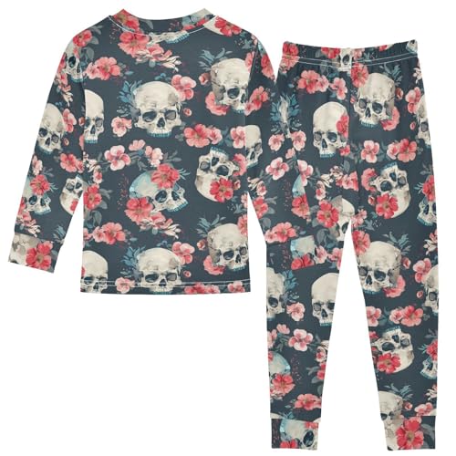Fustylead Mysterious Skulls and Pink Floral Wreath Pajamas Cotton Sleepover PJ Set Long Sleeve Lounge Wear2
