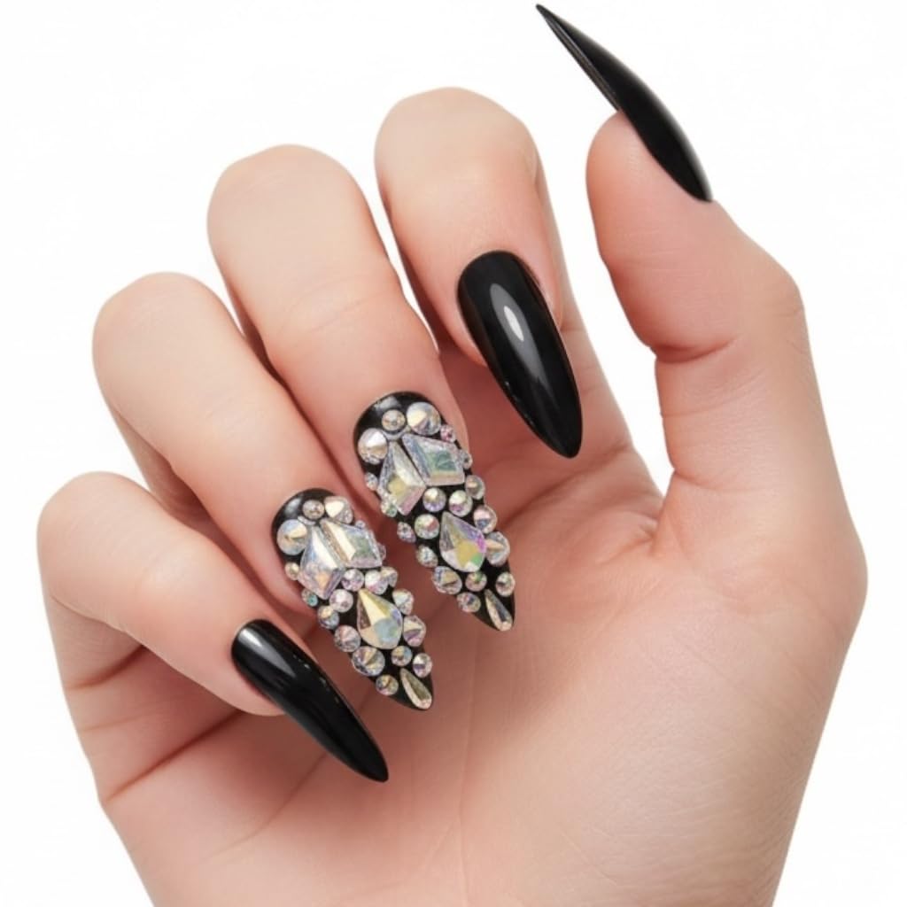 Black 3D Crystal Design Press On Nails - Extra Long Sharp Stiletto Fake Nails with Rhinestones and Nail Glue, Reusable Nail Tips - Glue On Nails 24 Nail Kit, Noir Sparkle