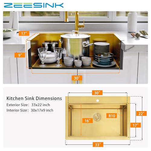 Image of 33 inch X 22 inch Drop In Gold Kitchen Sink,Single Bowl Top Mount Kitchen Sink,16 Gauge Stainless Steel Workstation Sinks (Gold, 33 X 22 inch)