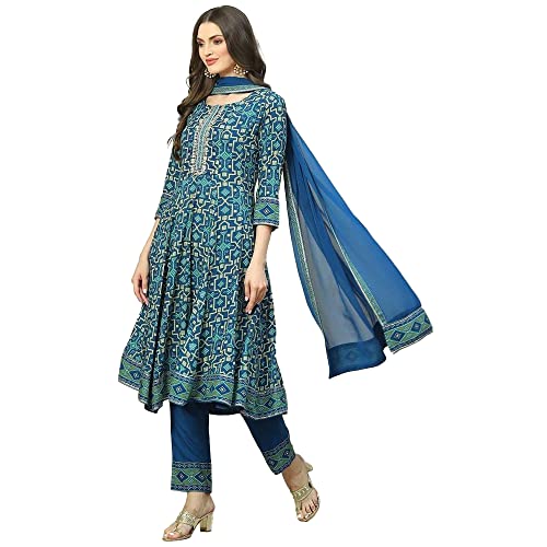 Image of BIBA Women Rayon Kalidar Printed Suit Set