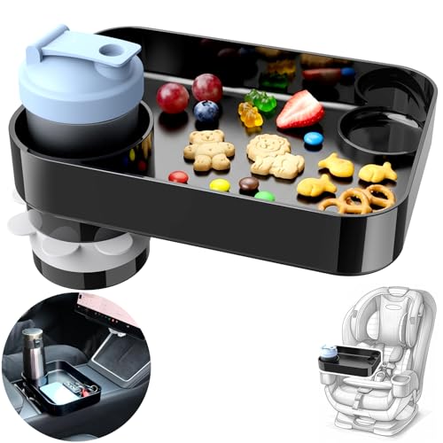 Car Seat Snack Tray for Kids, Square Car Seat Cup Holder Snack Tray with Adjustable Base, Durable CarSeat Tray for Toddlers, Universal Fit for Tesla, Safety Seats, Car Center Consoles (Black)