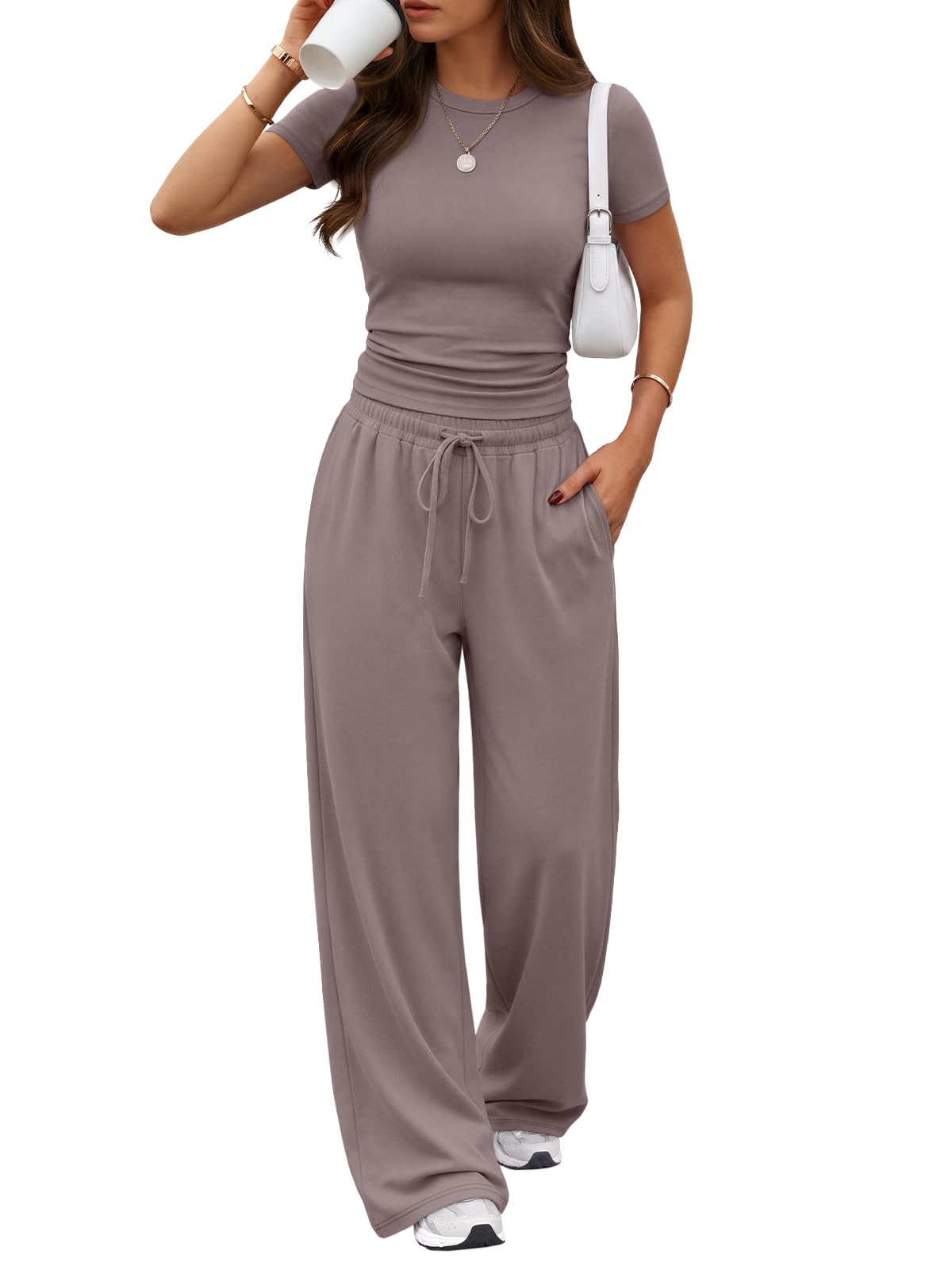 Trendy Queen Women's 2 Piece Matching Summer Lounge Set with Pockets | Vacation Airport Travel Outfits, Workout Gym Clothing Comfy Athleisure Clothes, Side-ruched Top, Drawstring Wide Leg Pants