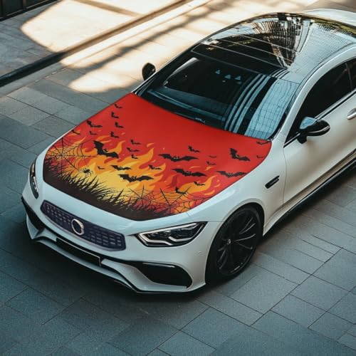 Image of Bat Spider Web Halloween Print Car Hood Cover Protector 59x39 Inch Stretchable Auto Hood Wraps Waterproof Halloween Automotive Exterior Accessories for Most SUV Sedans Trucks