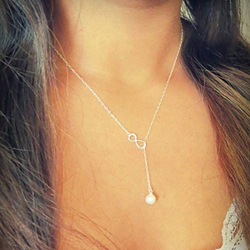 Yienate Collar con colgante de perlas de la suerte con el número 8, joyería para mujeres y niñas（Plata）