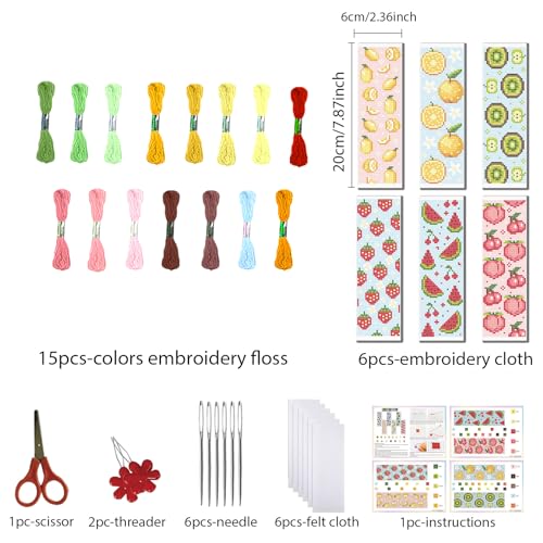 Image of FREEBLOSS 6 Set Cross Stitch Bookmark Kit Stamped Cross Stitch Kit | Refreshing Fruits Theme Embroidery Set with Instruction for Adults 8''*2.4''