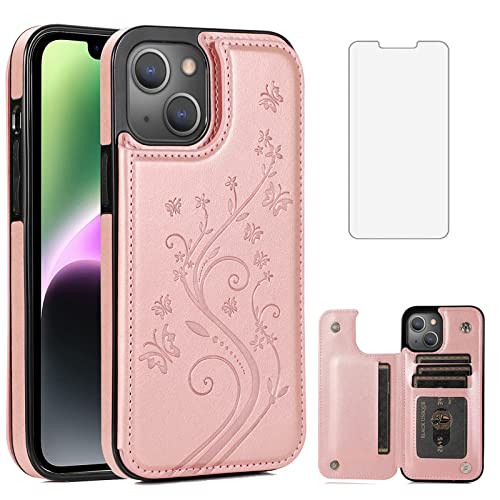 Coque iPhone 15 Plus antichoc avec étui portefeuille en cuir et vitre de protection - Or