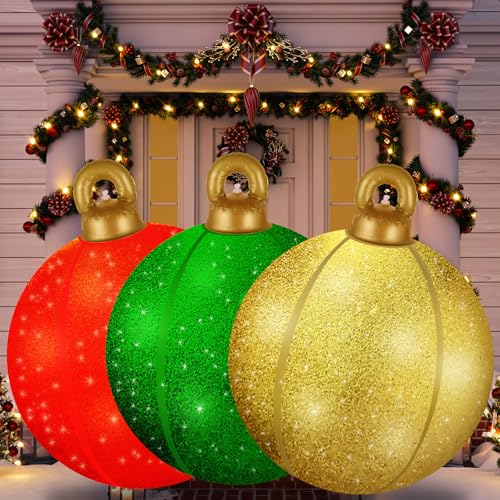 [Glitter] Inflatable Ornaments Balls Outdoor 3Pcs - 24 Inch Large Inflatable Christmas Ornaments, Reusable Blow up Christmas Ornaments, Big Shiny Balls Inflatable Ornaments for Yard | Tree | Lawn