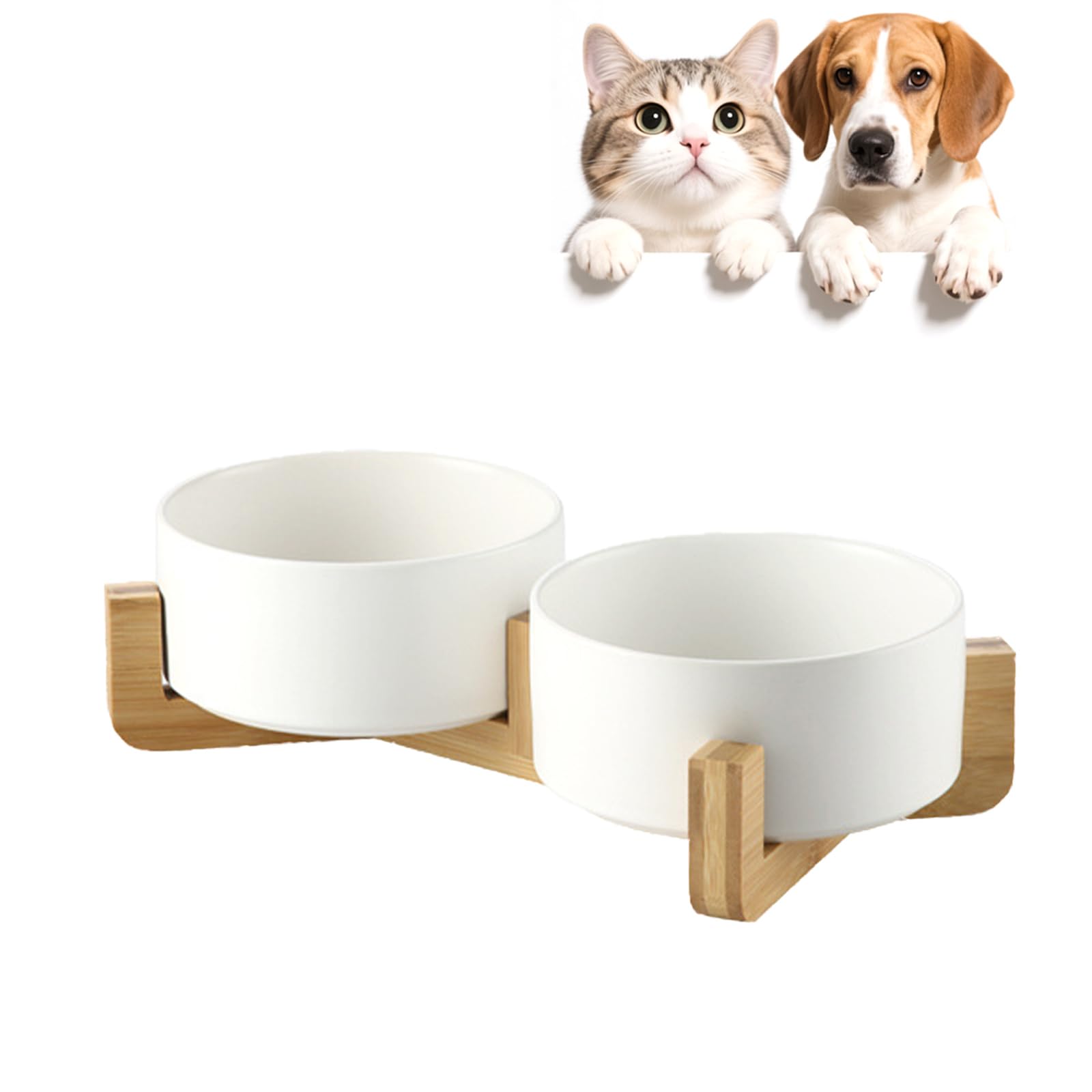 Ceramic Cat Bowls with Bamboo Stand, Double Elevated Pet Feeding Bowls, 400ml Each, Removable Non Slip Food and Water Bowls, Stable Base for Cats & Small Dogs, White (Set of 2)