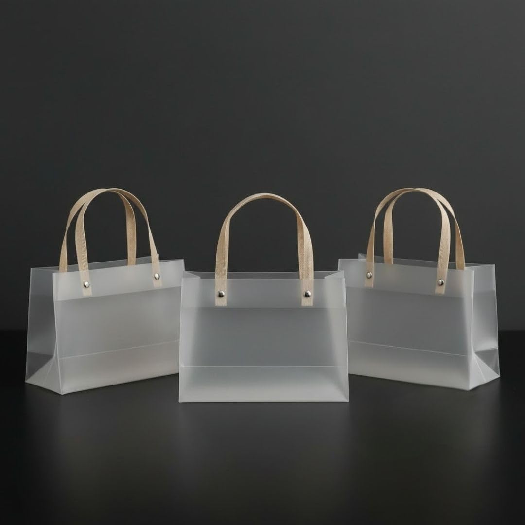 SATYAM KRAFT 4 Pcs Translucent Gift Bags with Golden Handle | Perfect for Wedding Christmas Valentine’s Day Return Gifts Birthday Anniversary Party Favours Hampers Festive Gifting (14.5 x 19.5 cm)