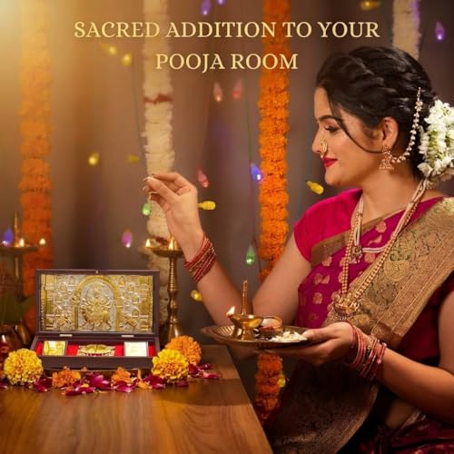 Image of Maa Durga Pocket Temple for Wedding Gift, Housewarming Gift & Pooja Room Decor | Gold Plated Ambe Maa Photo Frame with Charan Paduka - 8.4 x 4.5 Inch - Pack of 1