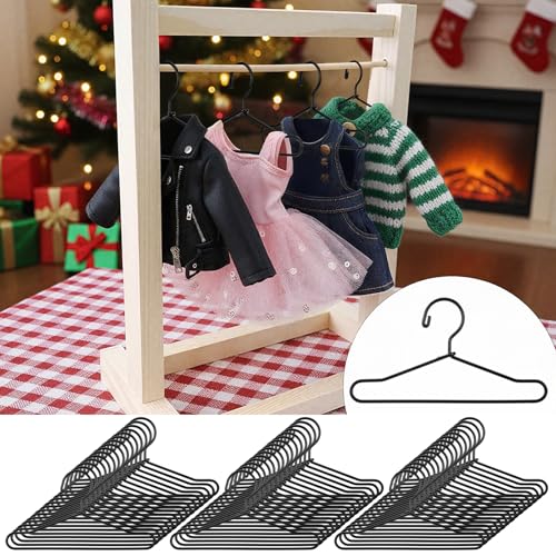 Jenaai 50 Pcs Doll Clothes Hanger 2.56 in Metal Black Doll Outfit Hanger Mini Clothes Hangers for Wardrobe, Dresses, Skirts, and Accessories