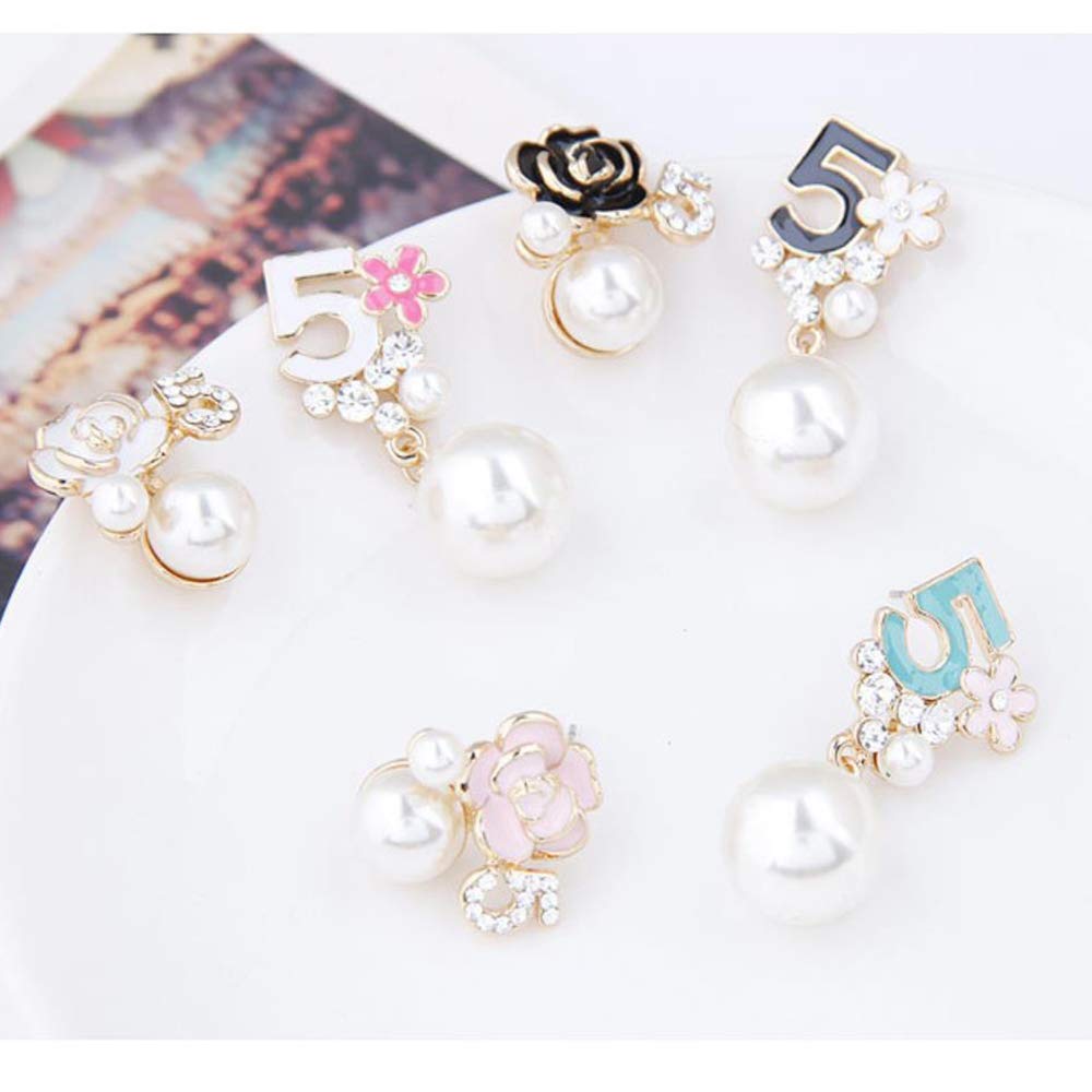 Faux Imitation Pearl White Black Floral Dangle Drop Earrings Studs