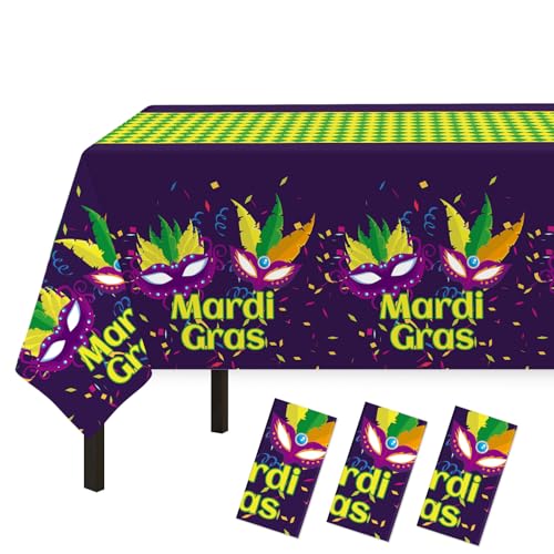 Image of Childom Mardi Gras Decorations,3 Pack Disposable Plastic Tablecloths for Rectangle Table 54 inch x 108 inch Mardi Gras Tablecloths for Party Decor,Table Cloths for Birthday,Home,Dinner,Carnival,Party Supplies