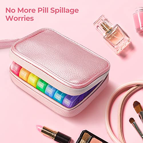 Cute Pill Organizer 3 Times A Day, Amoos Large Daily Pill Case For Women, Portable Pill Box 7 Day For Purse With Bag & Zipper To Hold Vitamins, Medications, Fish Oils, Supplements (Pink) #TOP1