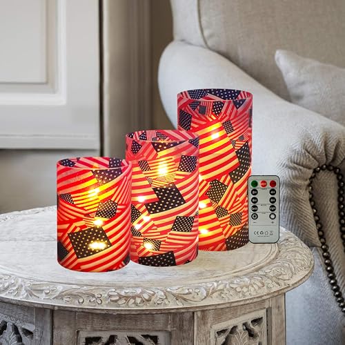 Image of Patriotic Flickering Flameless Candles Stars and Stripes US Flag, Embedded Star String Lights, Battery Operated Acrylic LED Pillar Candles with 11-Key Remote and Timer for Home Decoration, 3 Pack