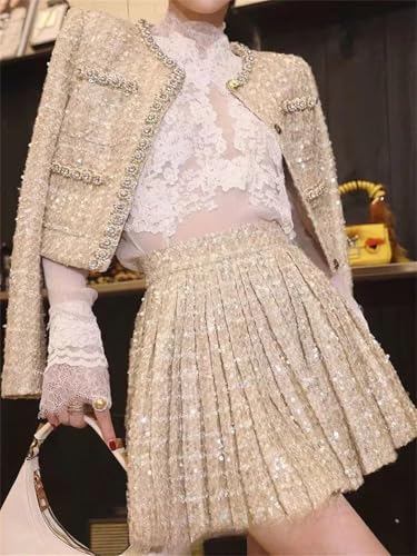 Womens Small Fragrance Beading Tweed Pearls Short Jacket Coat + Mini Pleated Skirt Suit Two Piece Sets Outifits3