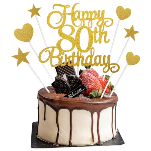 80th Birthday Cake Decorations 7Pcs Personalised Happy 80th Birthday Cake Topper with Heart Star Cupcake Picks Gold Glitter Happy 80 Years Old Birthdays Sign for Birthdays Party Supplies