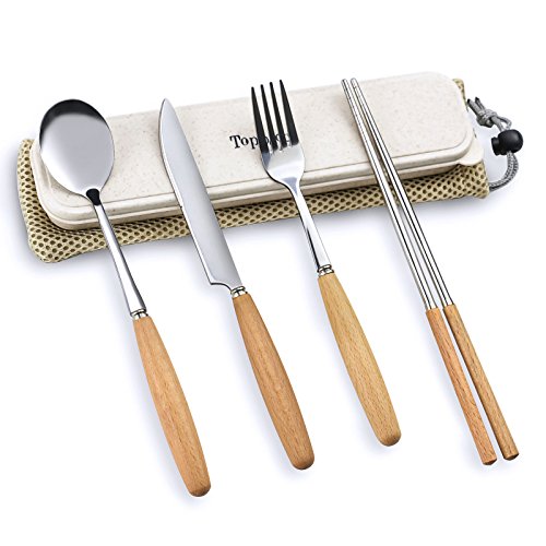 Portable Flatware Set, Travel Camping Cutlery Set, Knife Spoon Chopsticks Set, Portable Travel Silverware Dinnerware UtensilSet with a Waterproof Organizer box (1 set beachwood set)