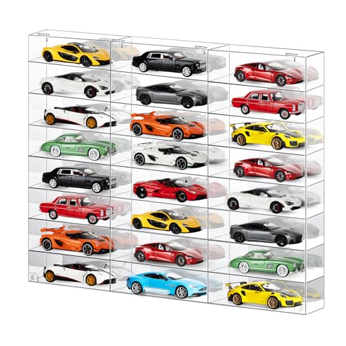 1:24 Scale Diecast Model Car Display Case - Mirorr Background with 24 Compartments - Clear Acrylic Wall Mounted Storage Showcase