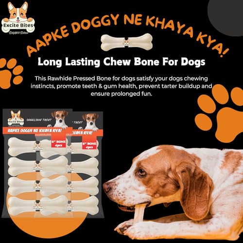 Image of Excite Bites Pressed Rawhide Bones for Dog Treats|Dog Calcium Bone Dog Chewing Needs|6 Inch Calcium Bone Treat for All Dogs|Combo Offer (6 inch-4Pcs) Each, 450 G (Pack of 2) for All Life Stages