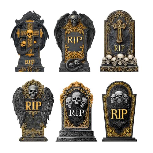 BoGlowHaven 17 Tombstones Halloween Decor (6-Pack) Waterproof BlackGold RIP Grave Markers Outdoor Halloween Decorations with Fiberglass Stakes for Yard & Cemetery