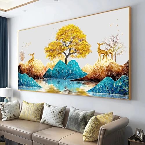 Toile paysage arbre doré cerf pour salon lumineux et moderne de 50x100 cm