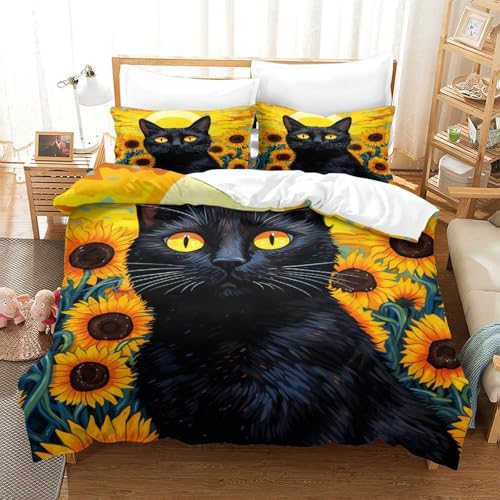 Parure de lit chat noir 200x200 avec housse de couette microfibre pour lit double