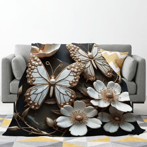 Podwójny koc polarowy w kratę, biały motyl, bardzo duży koc premium 240 x 260 cm | Wielofunkcyjny jako narzuta lub wzór w kratę, wyszukane i stylizowane wnętrze