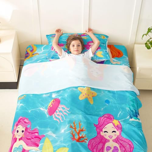 Image of jejeloiu Mermaid Bed Sheets Sets Twin Size Kids Boys Girls Tropical Ocean Bedding Set Blue Pink Bed Sheet Set with 16-Inch Deep Pockets Mermaid Tail 3Pcs with 1 Pillow Cases