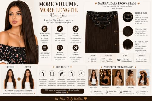 Image of Salon-Grade Dark Brown Straight Clip-in Extensions - 6PCS Synthetic Hair Volumizer with 13 Secure Clips for Instant Volume & Realistic Blend