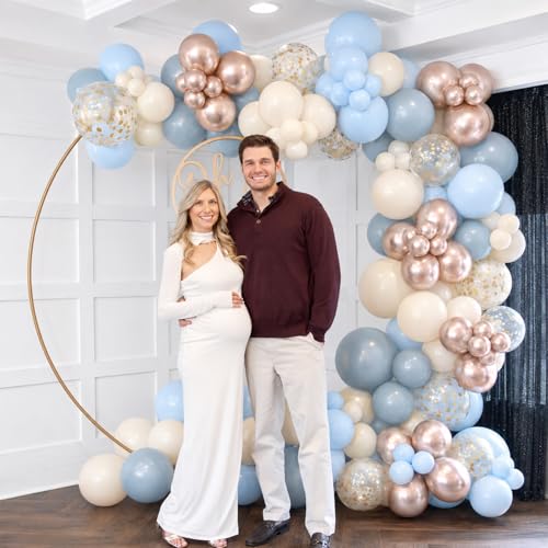 Image of Dusty Blue and Gold Balloons 50 Pcs 12 Inch | Light Blue Champagne Gold Balloons for Baby Boy Shower Bridal Engagement Birthday Wedding Bachelorette Party Decorations