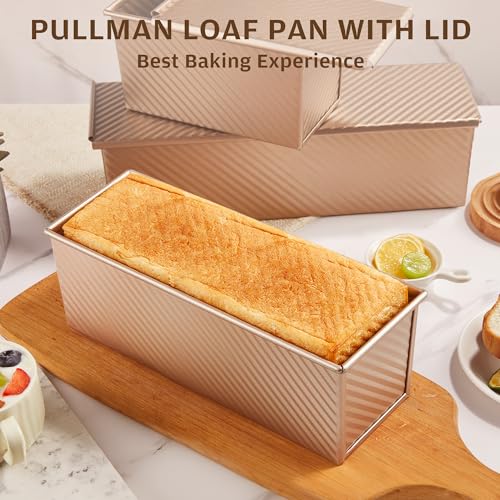 Image of KITESSENSU Pullman Loaf Pan with Lid, 2 lb Dough Capacity, Gold | Nonstick Carbon Steel Japanese Milk Bread Loaf Pan, Square Toast Mold for Sandwich Bread, Sourdough Loaves & Homemade Bread
