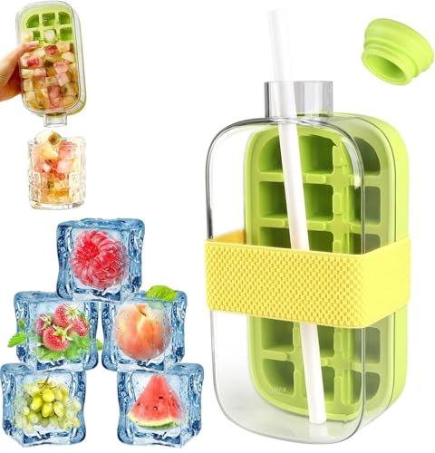 Image of 2 in 1 Zero Touch Press Ice Cube Mold Water Bottle with Lid and Bin,Easy Press to Release Vertical Ice Cube Tray with Lid for Freezer (800 ML)