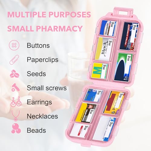 Image of Large Pill Box with 189 Medicine Labels - Pill Organizer with Stickers, Medication Travel Case (Pink, 1 Pack)