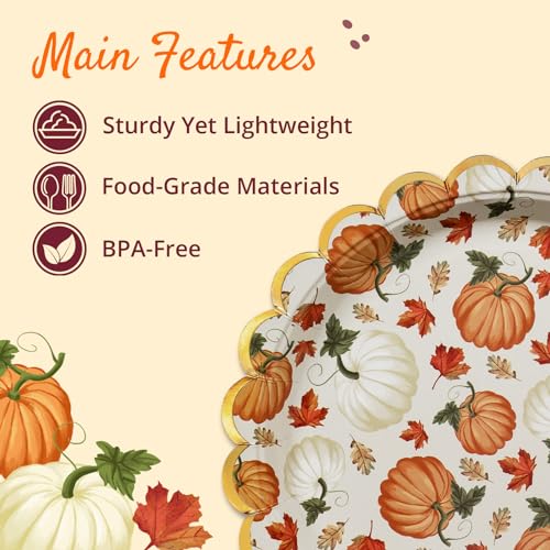 Image of Confettiville Thanksgiving Paper Plates, 50-Count Disposable Thanksgiving Dinner Plates, Scalloped, Party Supplies, Pumpkins, Pale Yellow