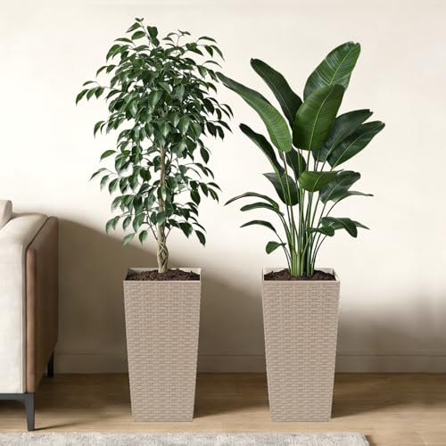 17L Tall Square Plastic Rattan Indoor/Outdoor Planters - BEIGE - Set of 2 4 17L Tall Square Plastic Rattan Indoor/Outdoor Planters - BEIGE - Set of 2 - Image 4