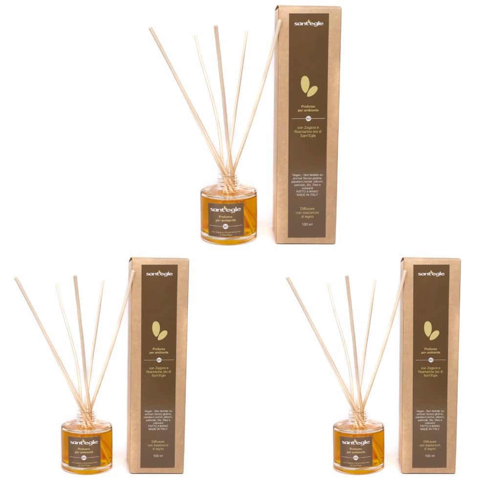 Sant'Egle Biologiczny dyfuzor Zagara i rozmaryn, zestaw 3 sztuk, 100 ml, z drewnianymi patyczkami, pokrywą 50 m², brązowy i szklany