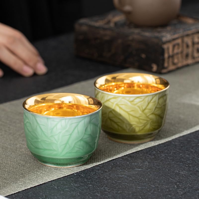 Taza de té de cerámica hecha a mano con tazón dorado individual tipo celadón 6